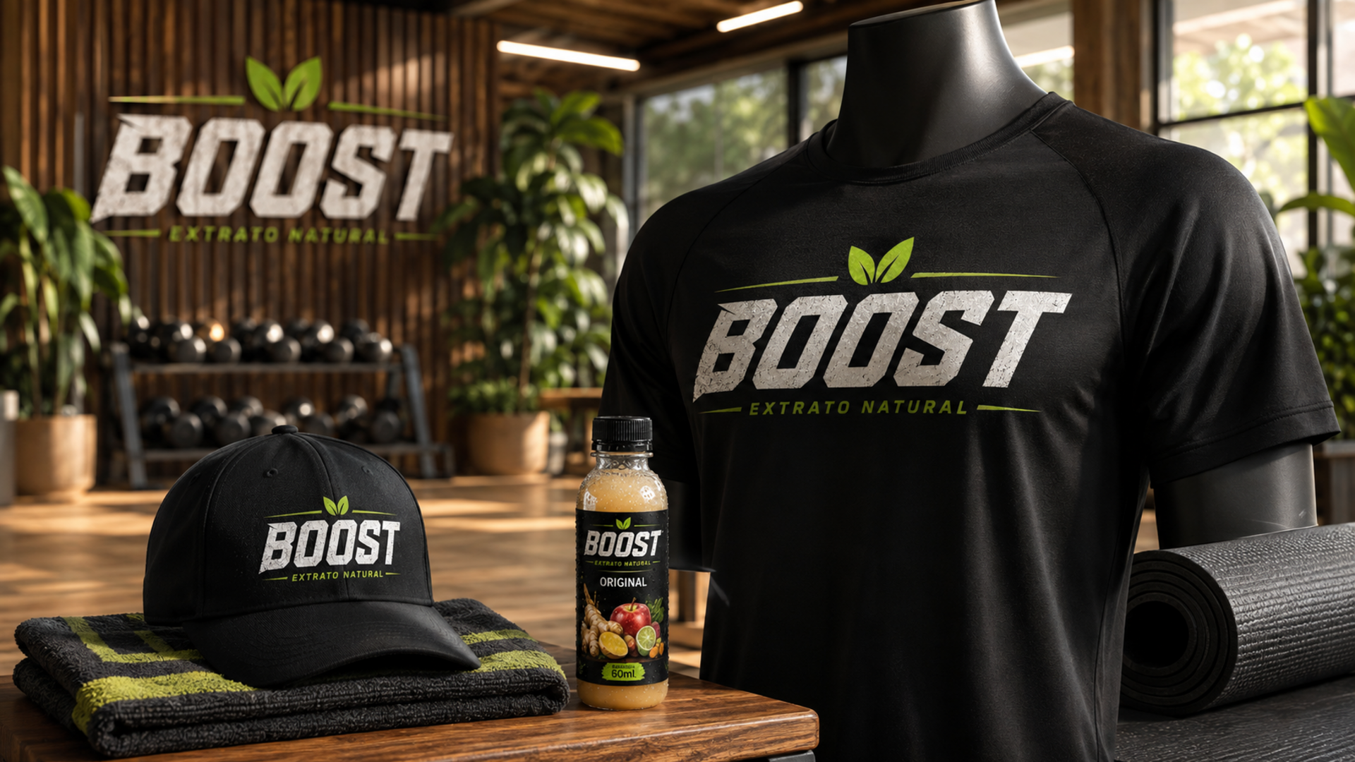 Merchandising Boost: boné, camiseta e toalha